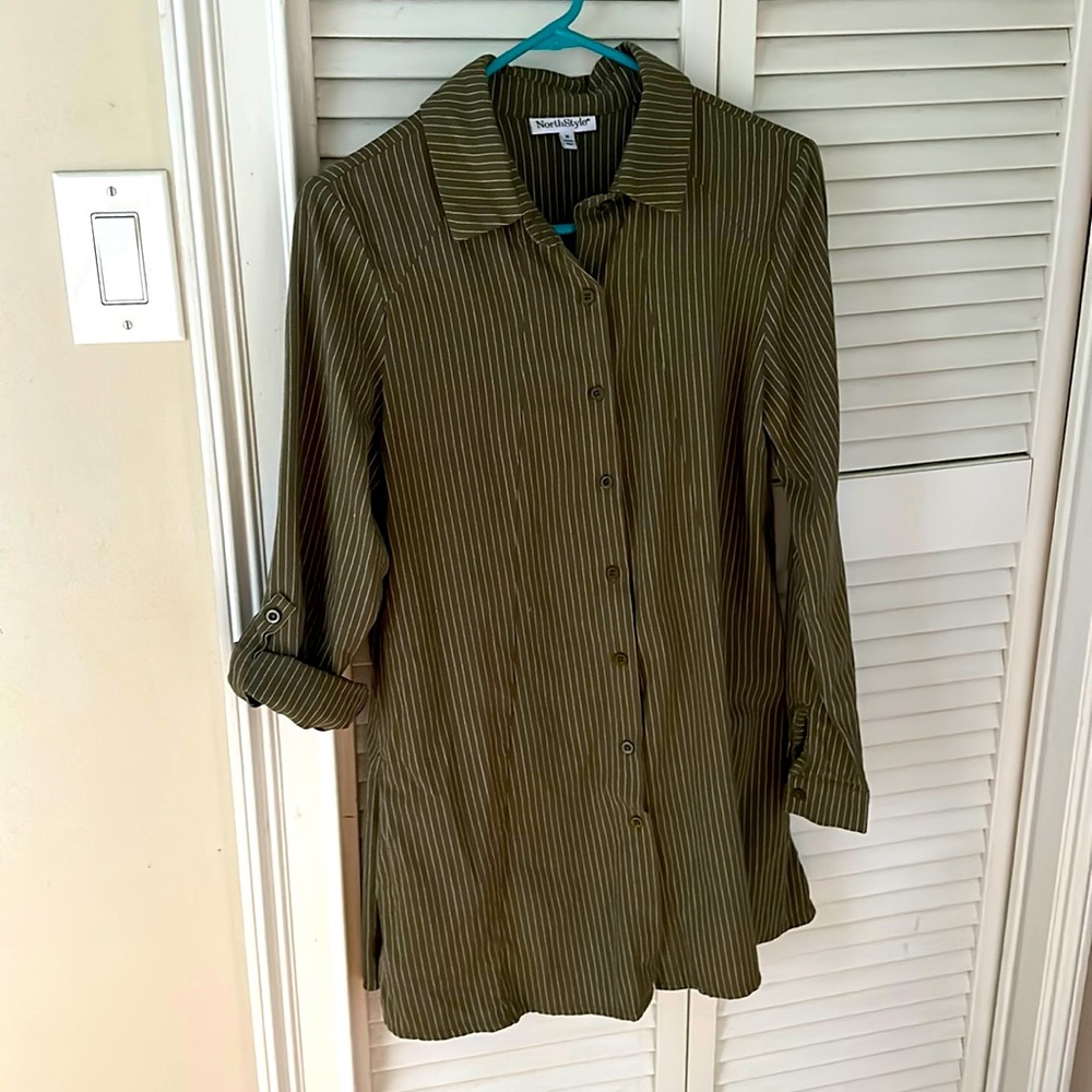 Olive green pinstripe shirt dress
